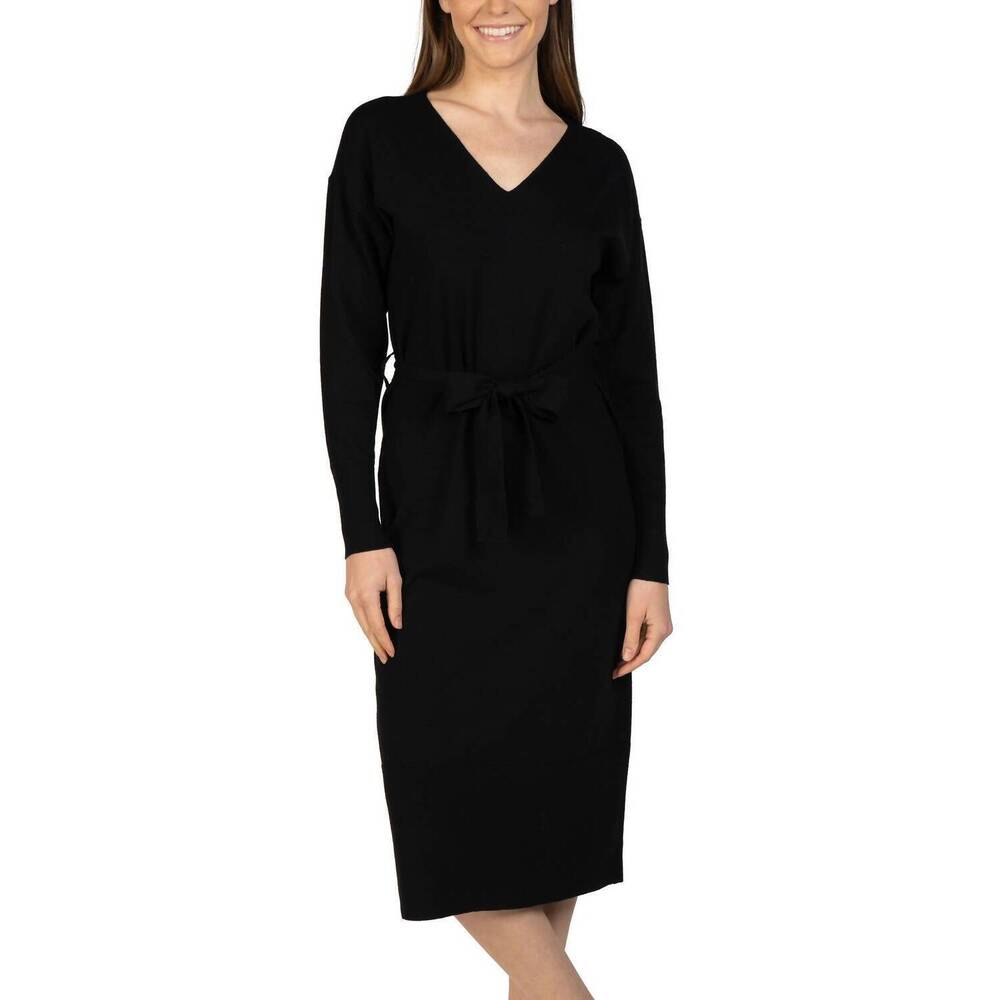 NEW LOVE TOKEN knit midi sweater dress with tie sash in black